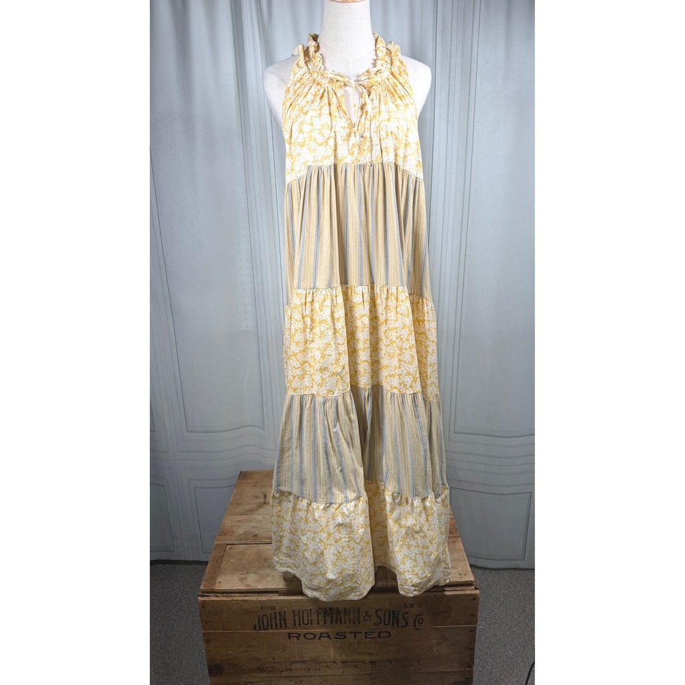 Stitchdrop Mixed Print Floral Stripe Tiered Maxi Dress M Cottagecore